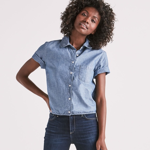 Lucky Brand Holly Glen Chambray Button Up Tied Top - Picture 2 of 8